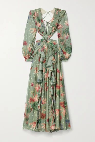 Sophia Cutout Embellished Ruffled Floral-print Chiffon Maxi Dress - Mint