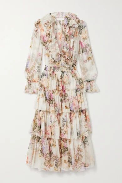 Brighton Ruffled Floral-print Silk-crepon Midi Dress - Ivory