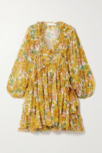 Poppy Ruffled Floral-print Silk-crepon Mini Dress - Yellow