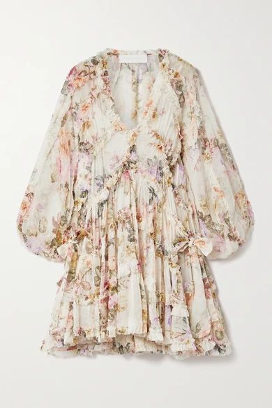 Brighton Ruffled Floral-print Crepon Mini Dress - Ivory