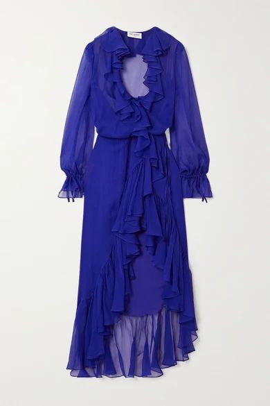 Ruffled Silk-chiffon Wrap Midi Dress - Blue