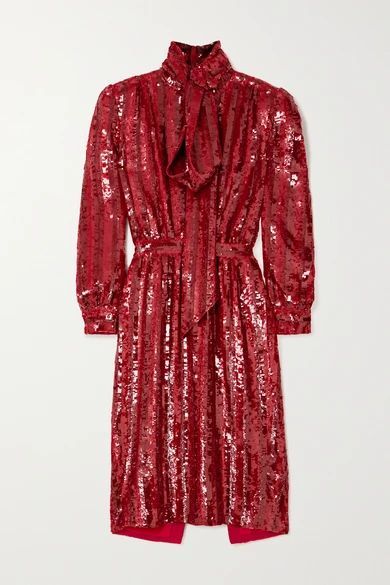 Pussy-bow Striped Sequined Silk-crepe Midi Dress - Red