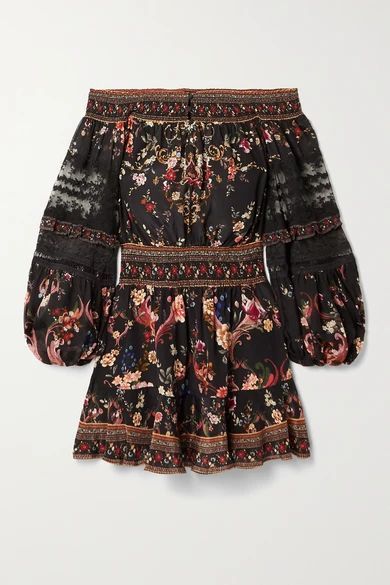 Off-the-shoulder Lace-trimmed Floral-print Silk Crepe De Chine Mini Dress - Black