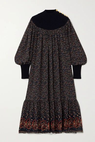 Floral-print Silk-georgette And Wool-blend Midi Dress - Navy