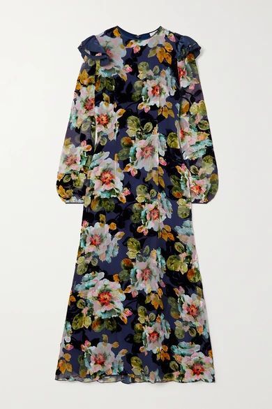 Ruffled Floral-print Devoré-chiffon Midi Dress - Navy
