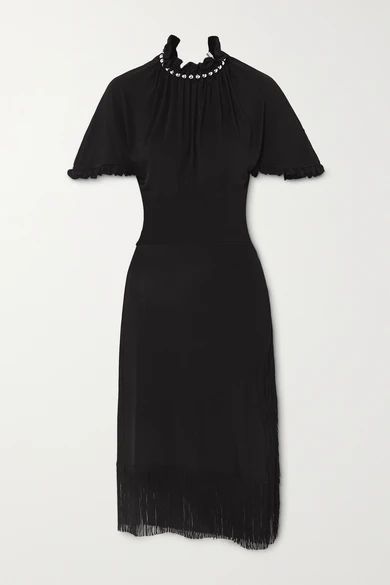 Fringed Bead-embellished Stretch-twill Midi Dress - Black