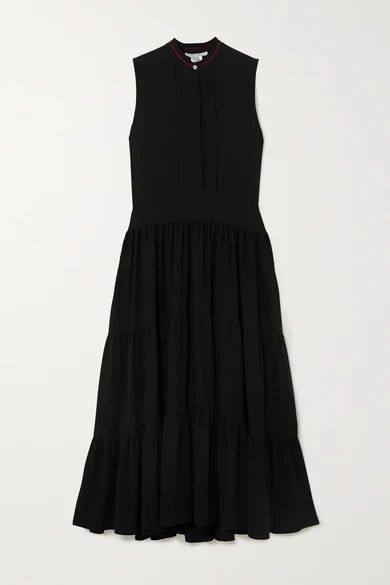 Tiered Embroidered Cady Midi Dress - Black