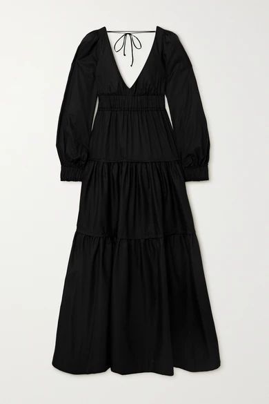Theodora Open-back Tiered Cotton-poplin Maxi Dress - Black