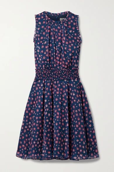 Shirred Floral-print Chiffon Dress - Navy