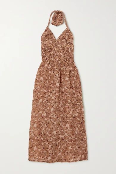 Belted Pleated Floral-print Linen Halterneck Midi Dress - Brown