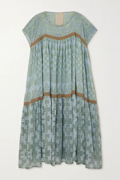 Wind Tiered Pleated Printed Cotton-voile Midi Dress - Green
