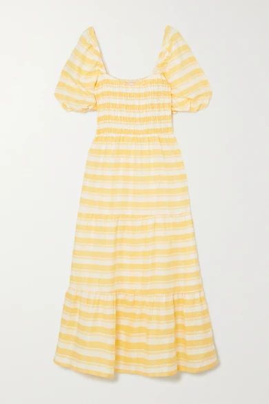 Gianna Shirred Checked Linen Midi Dress - Yellow