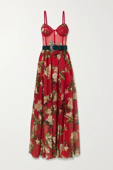 Belted Floral-print Chiffon And Lace Maxi Dress - Red