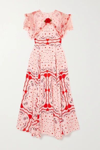 Ruffled Organza-trimmed Printed Silk Crepe De Chine Dress - Red