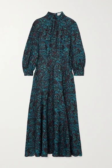 Alicia Button-embellished Printed Twill Midi Dress - Black