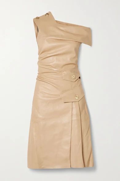 One-shoulder Button-embellished Leather Dress - Sand