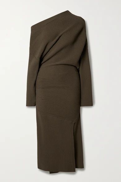One-shoulder Ribbed-knit Midi Dress - Dark brown