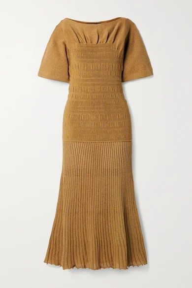 Shirred Stretch-knit Midi Dress - Camel