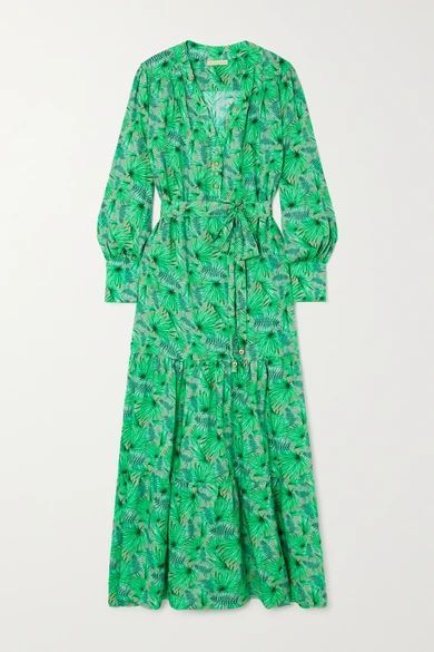 Sonja Belted Tiered Printed Woven Maxi Dress - Green