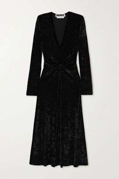 Lily Gathered Studded Stretch-velvet Midi Dress - Black