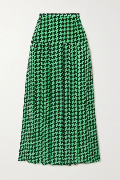 Nancy Pleated Houndstooth Silk-crepe Midi Skirt - Green