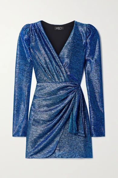 Wrap-effect Draped Metallic Lamé Mini Dress - Blue