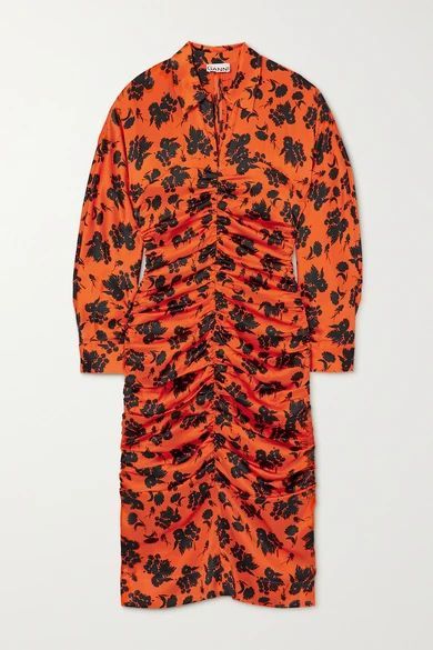 Ruched Floral-print Silk-blend Satin Midi Shirt Dress - Orange