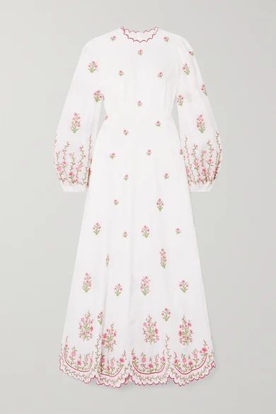 Poppy Scalloped Embroidered Linen Midi Dress - Ivory