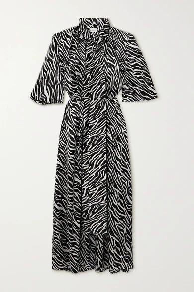 Pussy-bow Zebra-print Silk-satin Maxi Dress - Black