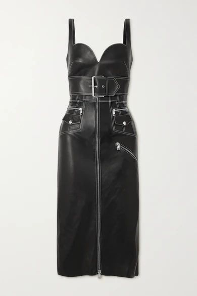 Belted Leather Midi Dress - Black