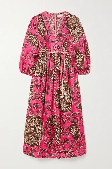 Lulu Belted Crochet-trimmed Printed Linen Midi Dress - Pink