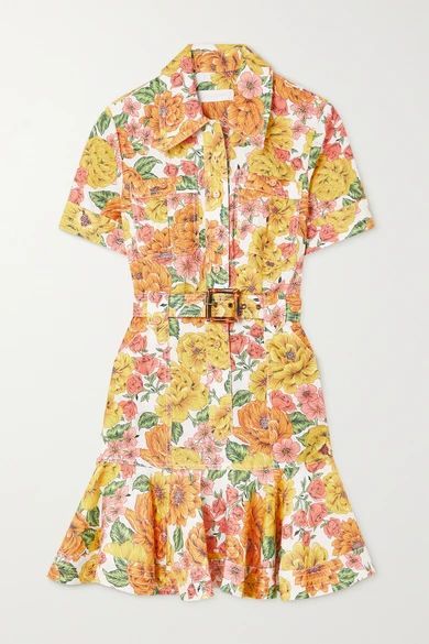 Poppy Belted Ruffled Floral-print Linen Mini Dress - Yellow
