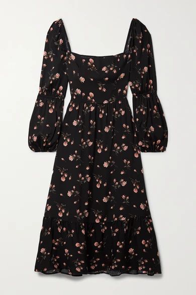 + Net Sustain Mica Shirred Floral-print Crepe De Chine Midi Dress - Black