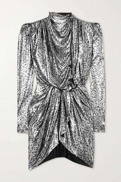 Tie-detailed Animal-print Lamé Mini Dress - Silver