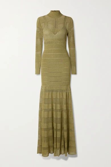 Pointelle-trimmed Metallic Stretch-knit Turtleneck Gown - Gold