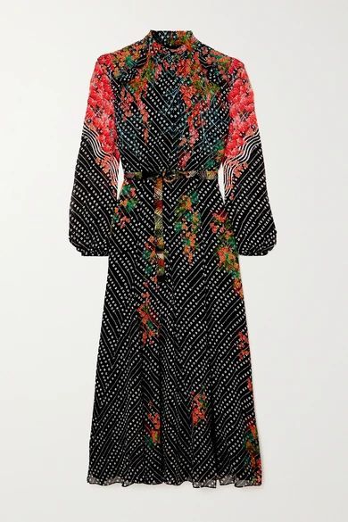 Jacqui-b Belted Printed Silk-georgette Midi Dress - Navy