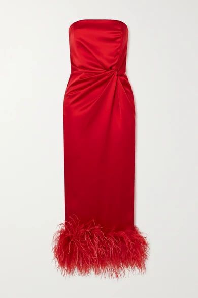 Himawari Strapless Feather-trimmed Knotted Satin Midi Dress - Red