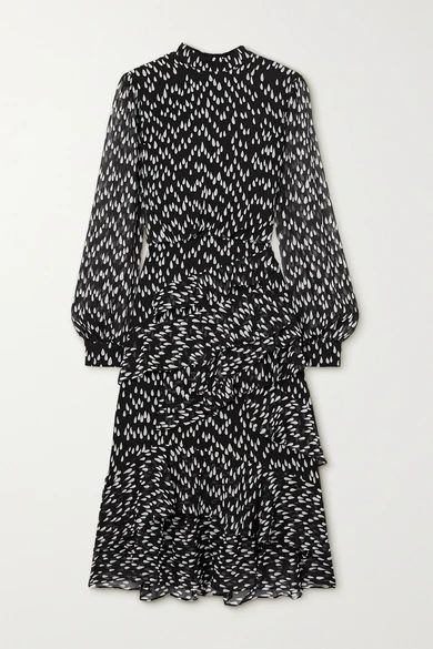 Isa Ruffled Printed Silk-georgette Midi Dress - Black