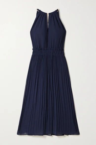 Hayden Chain-embellished Pleated Georgette Dress - Navy