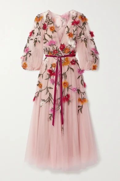 Organza-appliquéd Velvet-trimmed Tulle Midi Dress - Blush