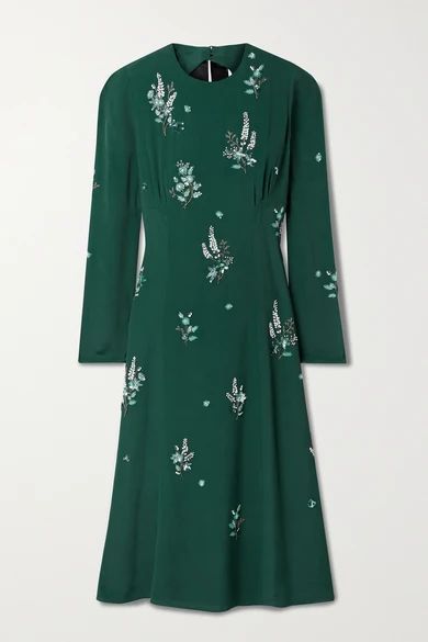 Velvet-trimmed Embellished Cutout Crepe Midi Dress - Emerald