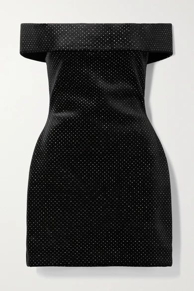 Off-the-shoulder Glittered Velvet Mini Dress - Black