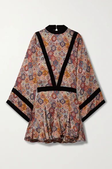 Rhea Velvet-trimmed Floral-print Satin Mini Dress - Brown