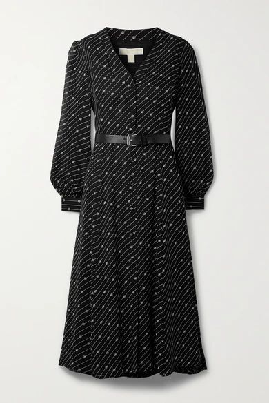 Kate Belted Printed Crepe Midi Dress - Black