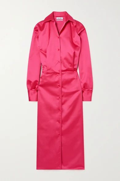 Satin Midi Shirt Dress - Fuchsia