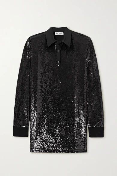 Satin-trimmed Sequined Jersey Mini Shirt Dress - Black