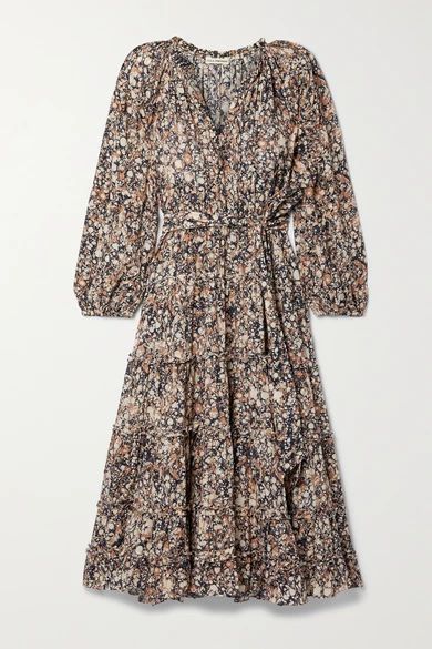 Anzu Tiered Printed Cotton-blend Voile Midi Dress - Brown