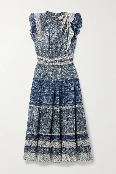 Kiri Ruffled Patchwork Printed Cotton-blend Voile Midi Dress - Indigo