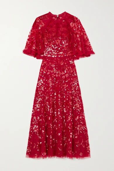 Sequin Ribbon Ballerina Cape-effect Embellished Tulle Midi Dress - Red