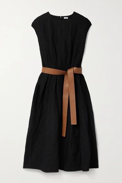 Leather-trimmed Belted Metallic Wool-blend Twill Midi Dress - Black